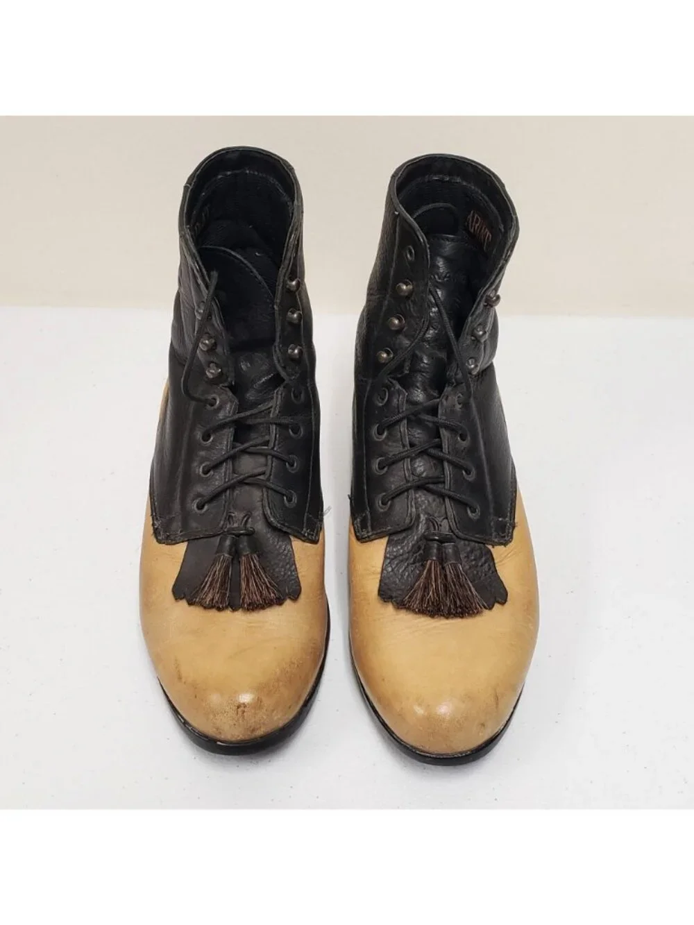 Ariat Two-Tone Leather Lace-Up Riding Boots Horse Hair Tassels Black Tan Size 7. - Picture 2 of 14